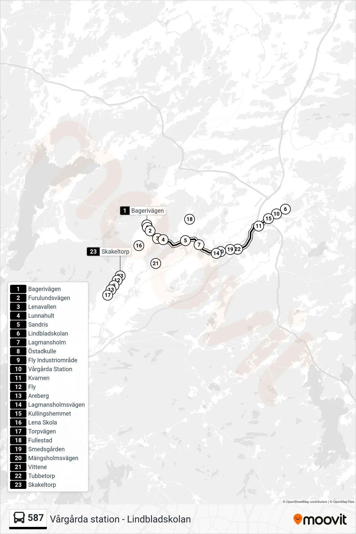 Rutt och hållplatser på karta för linje 587  spårvagn, (Vårgårda Station)