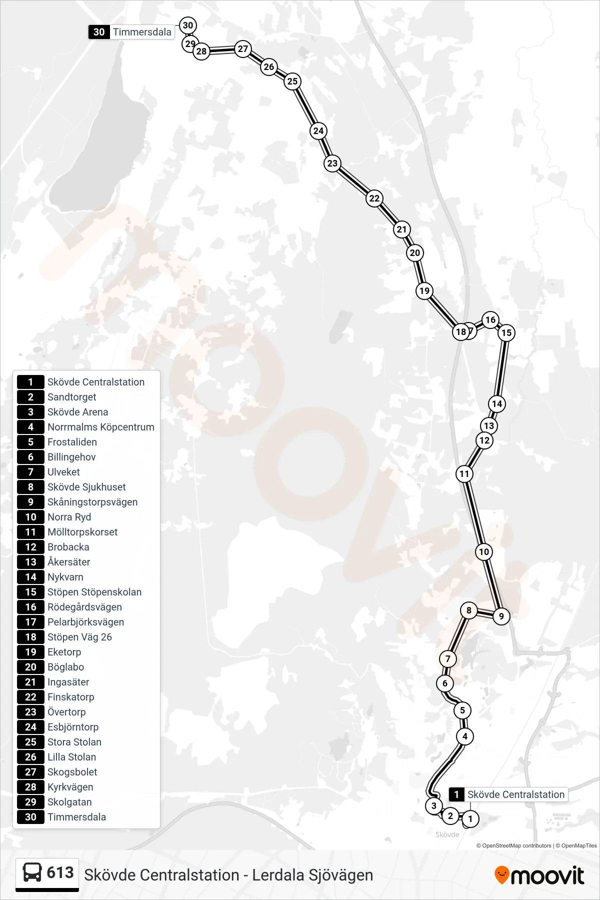 Rutt och hållplatser på karta för linje 613 spårvagn, (Timmersdala)