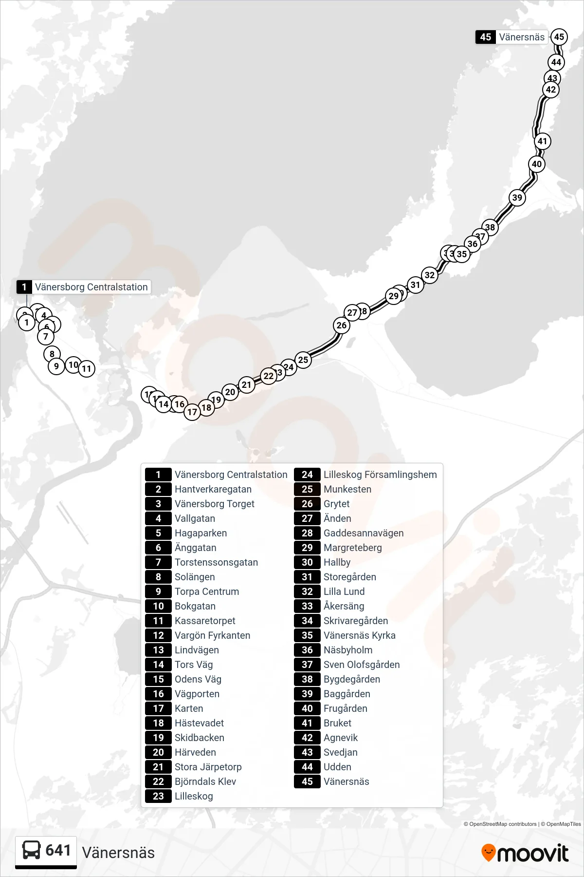 Rutt och hållplatser på karta för linje 641 spårvagn, (Vänersnäs)