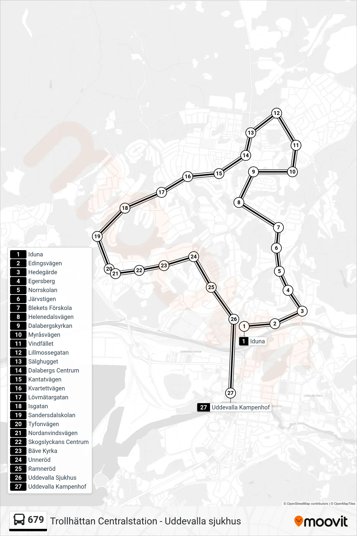 Rutt och hållplatser på karta för linje 679 spårvagn, (Uddevalla Kampenhof)