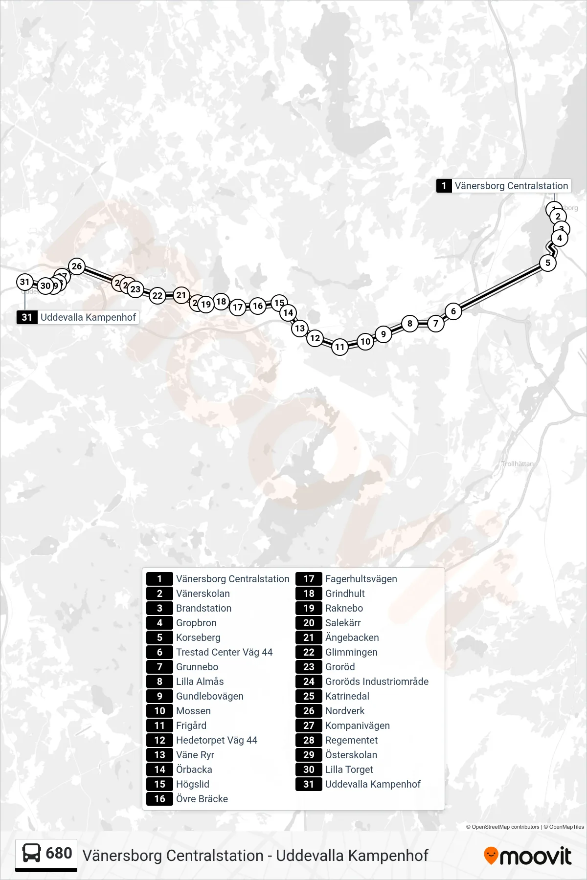 Rutt och hållplatser på karta för linje 680 spårvagn, (Uddevalla Kampenhof)
