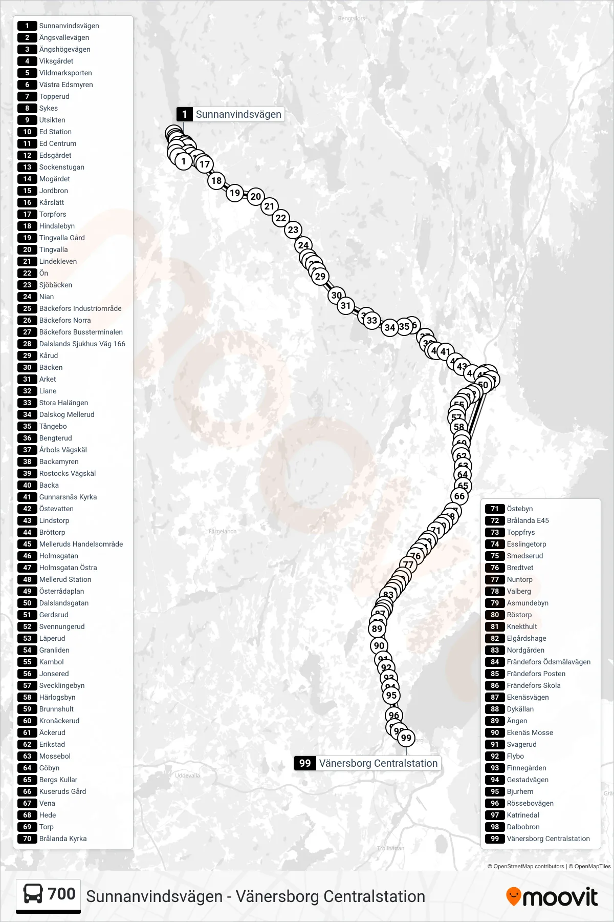 Rutt och hållplatser på karta för linje 700  spårvagn, (Vänersborg Centralstation)
