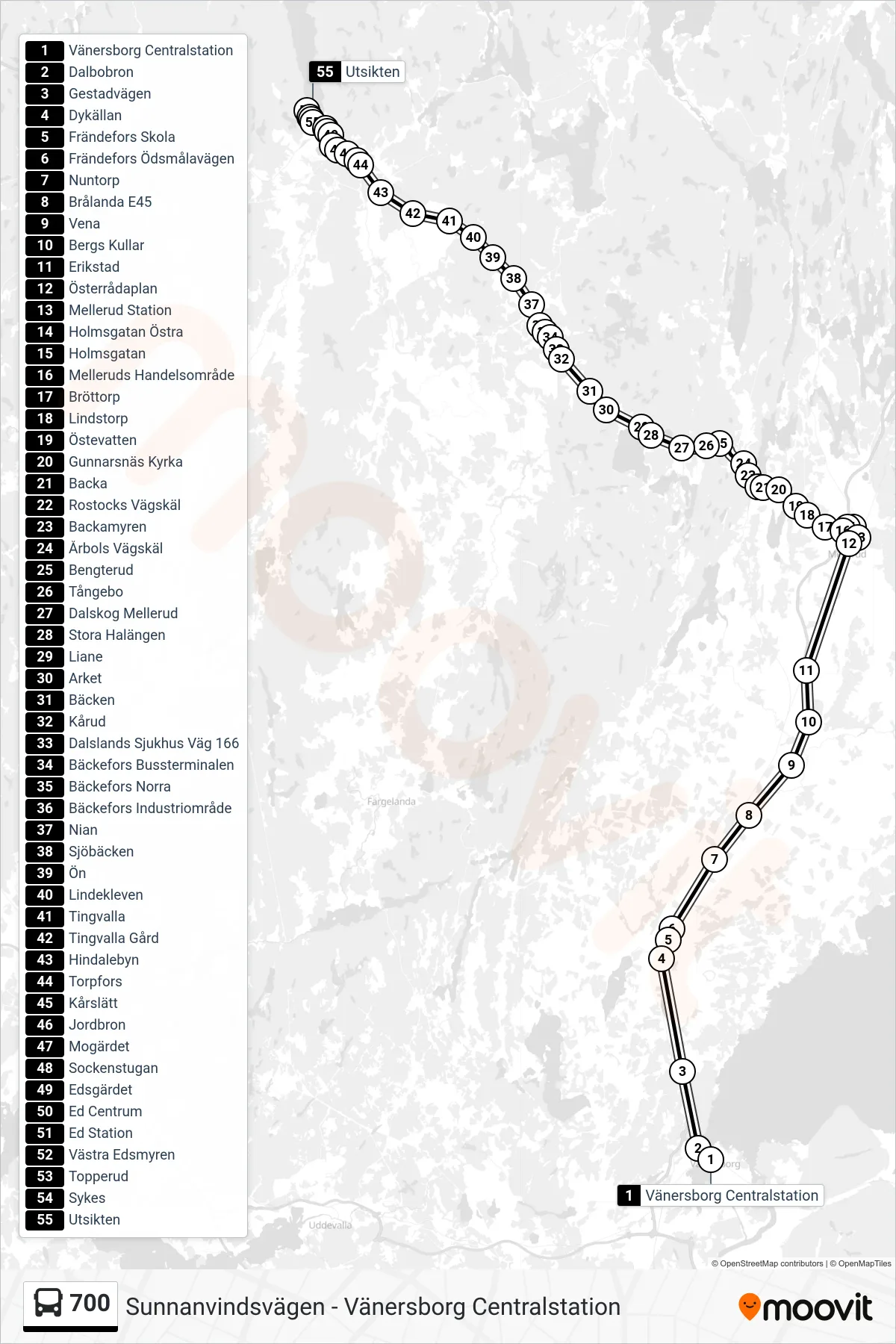 Rutt och hållplatser på karta för linje 700 spårvagn, (Utsikten)