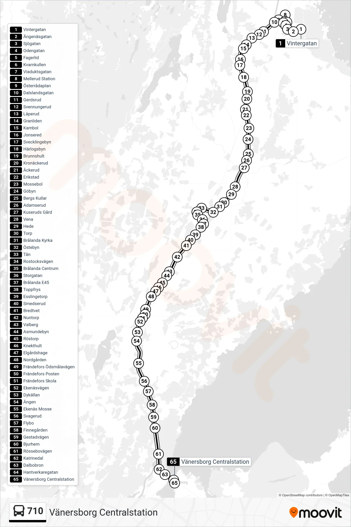 Rutt och hållplatser på karta för linje 710  spårvagn, (Vänersborg Centralstation)