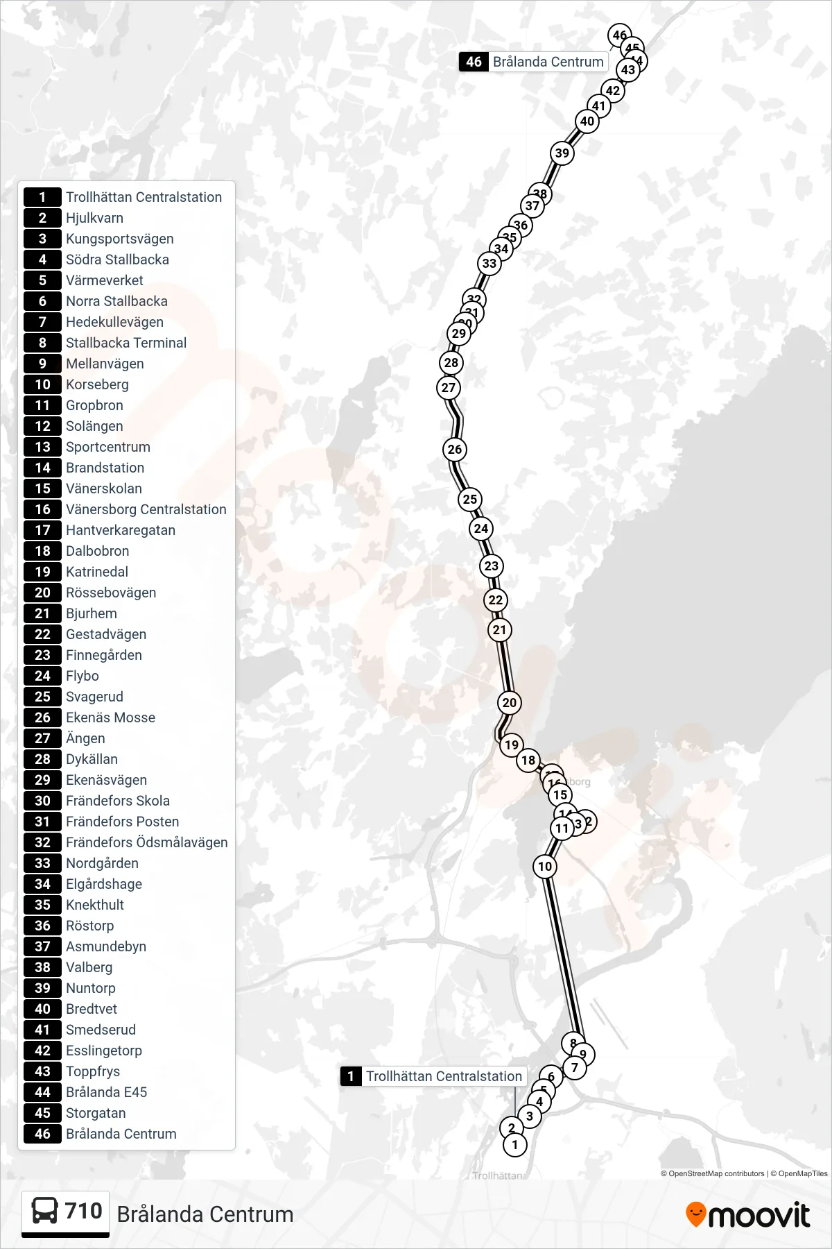 Rutt och hållplatser på karta för linje 710  spårvagn, (Brålanda Centrum)