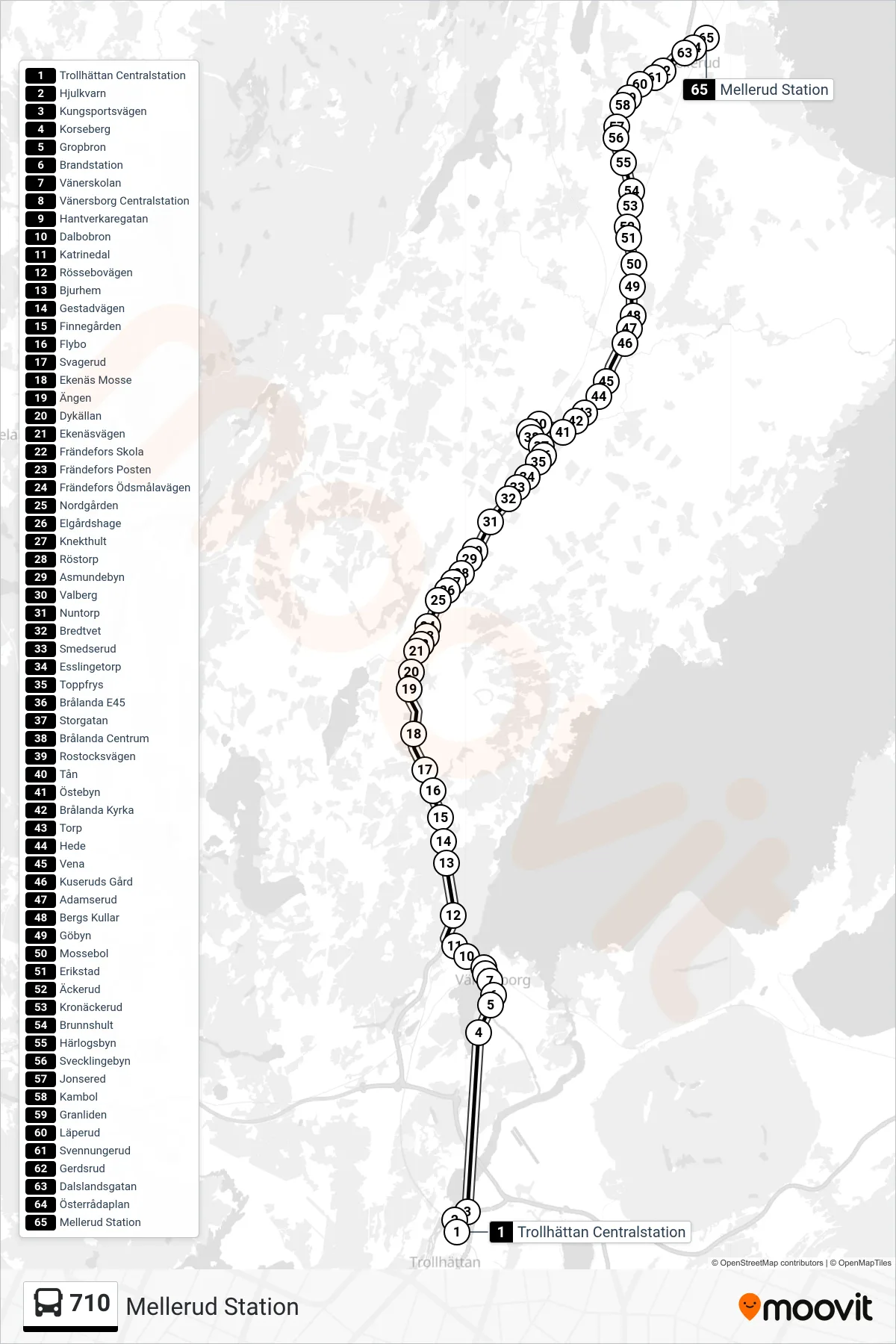 Rutt och hållplatser på karta för linje 710  spårvagn, (Mellerud Station)