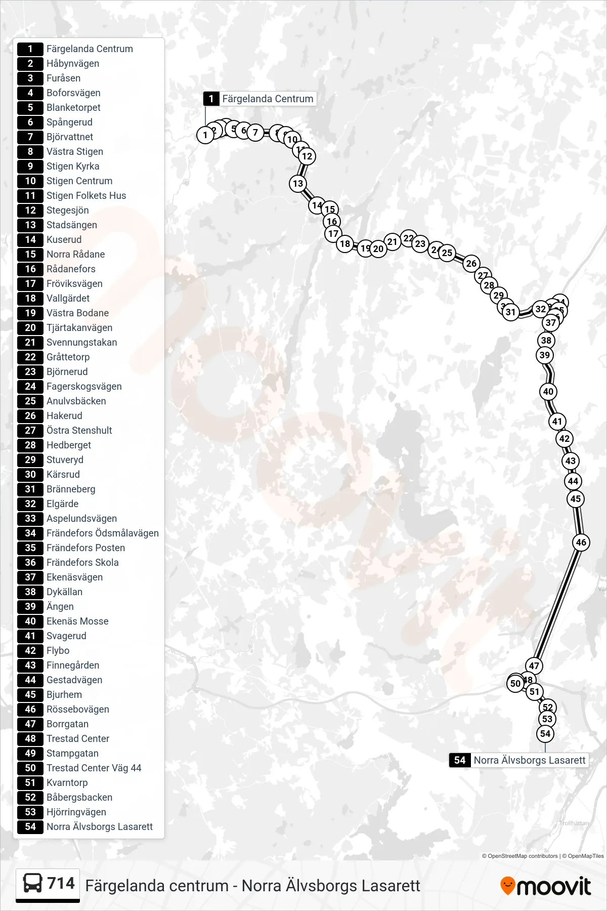 Rutt och hållplatser på karta för linje 714 spårvagn, (Norra Älvsborgs Lasarett)