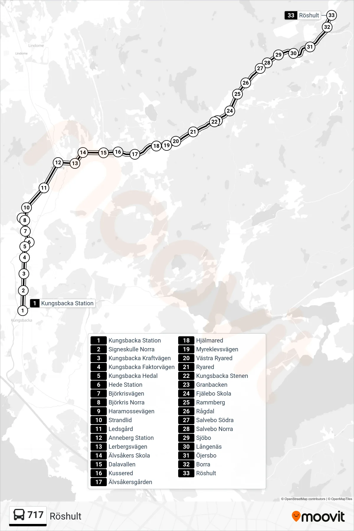 Rutt och hållplatser på karta för linje 717 spårvagn, (Röshult)