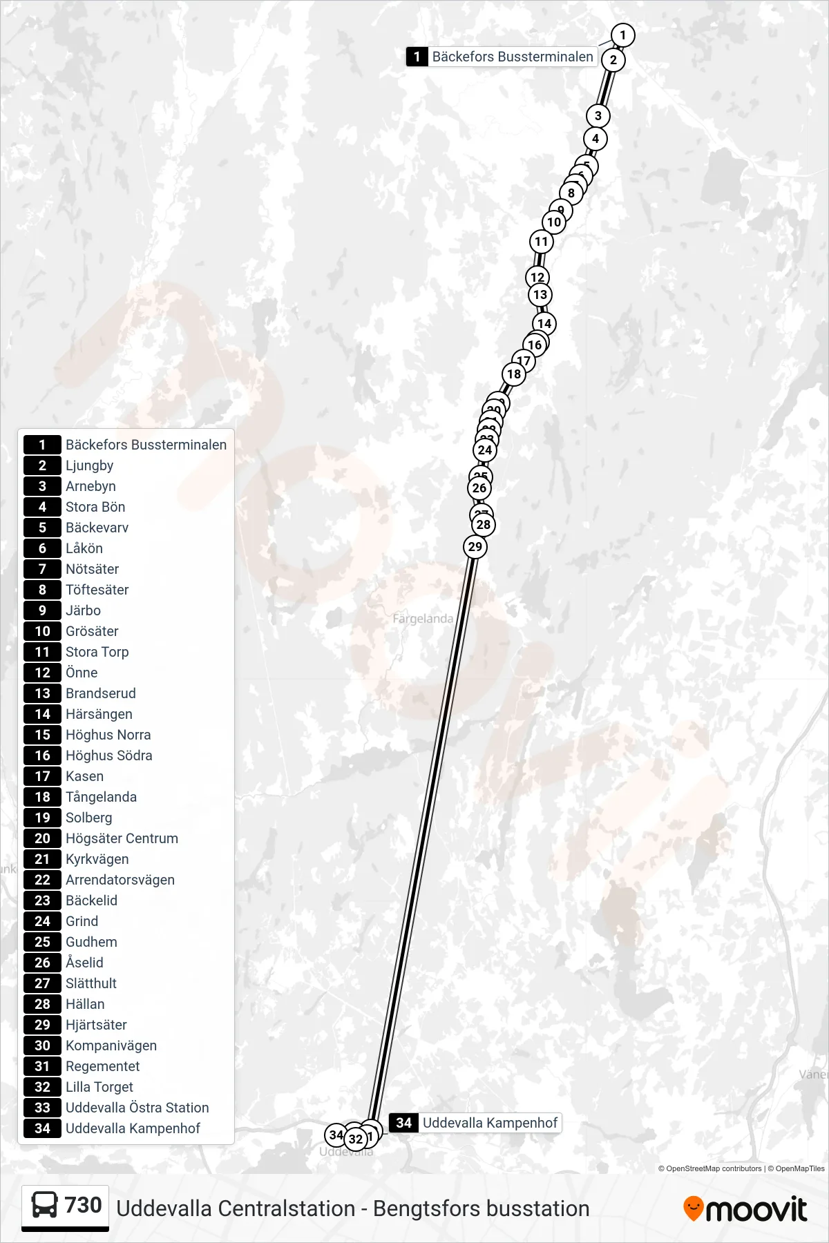 Rutt och hållplatser på karta för linje 730 spårvagn, (Uddevalla Kampenhof)