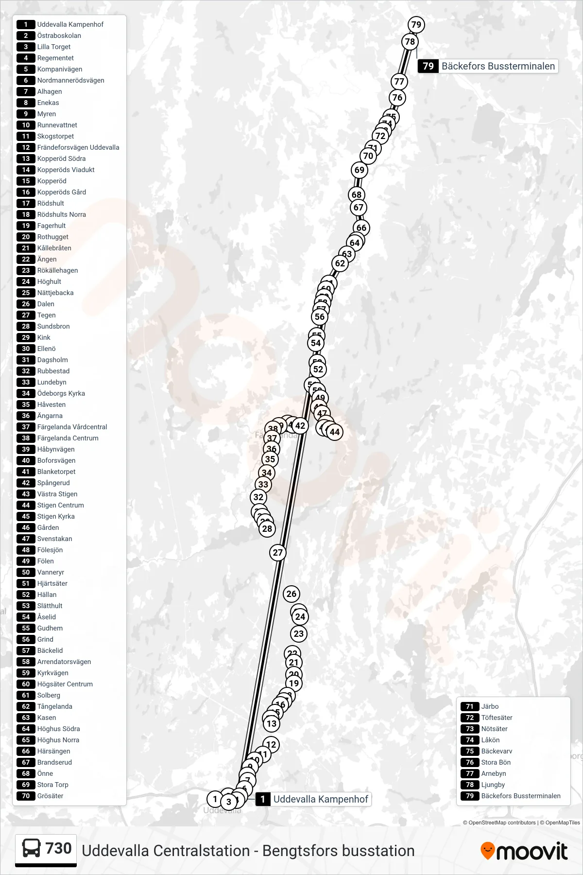 Rutt och hållplatser på karta för linje 730 spårvagn, (Bäckefors Bussterminalen)