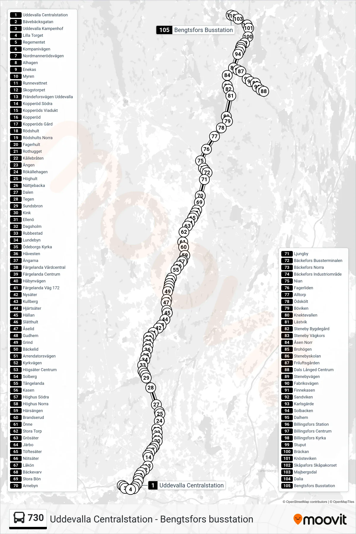 Rutt och hållplatser på karta för linje 730 spårvagn, (Bengtsfors Busstation)