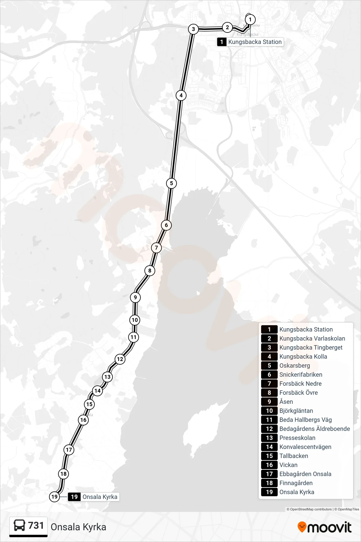 Rutt och hållplatser på karta för linje 731  spårvagn, (Onsala Kyrka)
