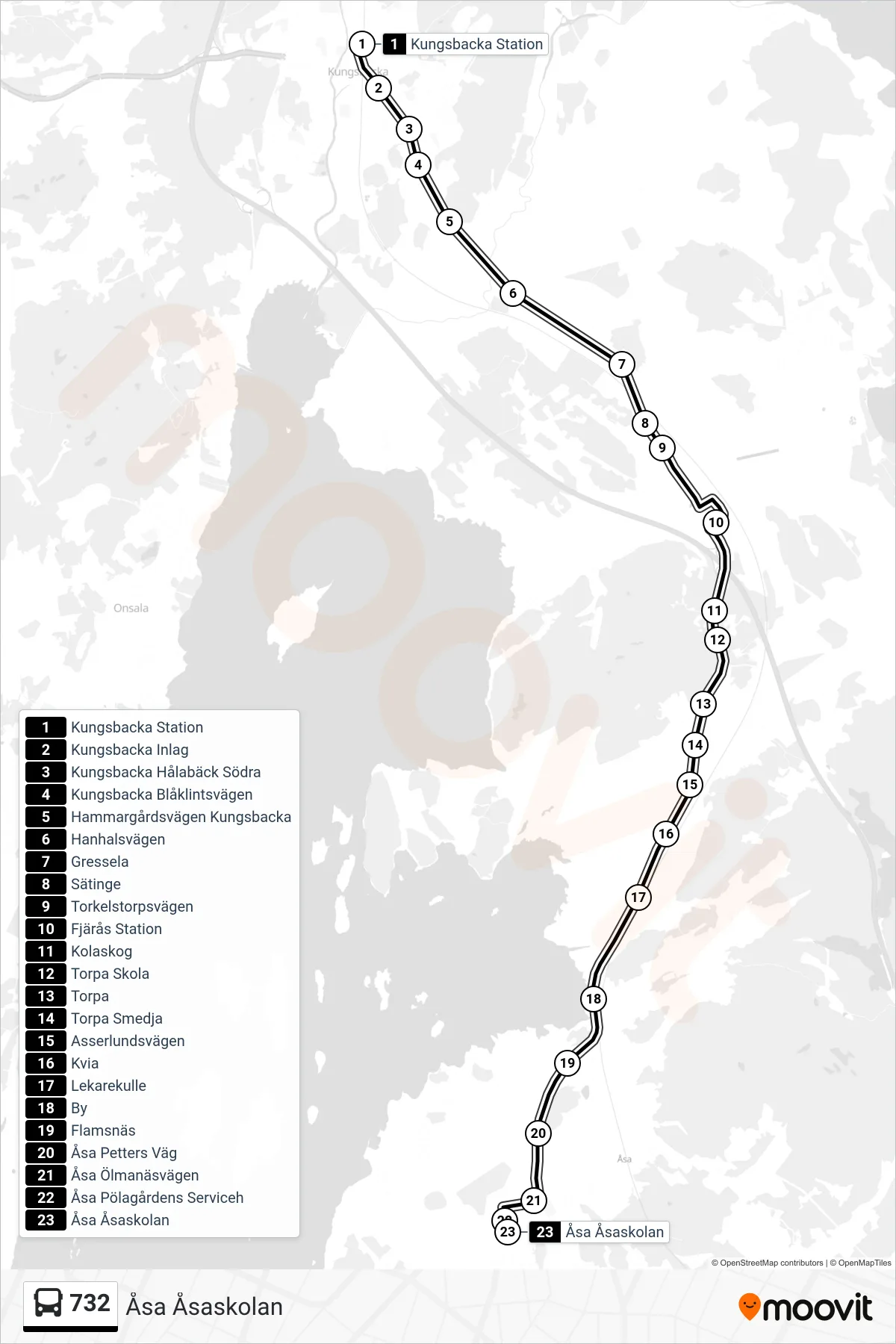 Rutt och hållplatser på karta för linje 732 spårvagn, (Åsa Åsaskolan)