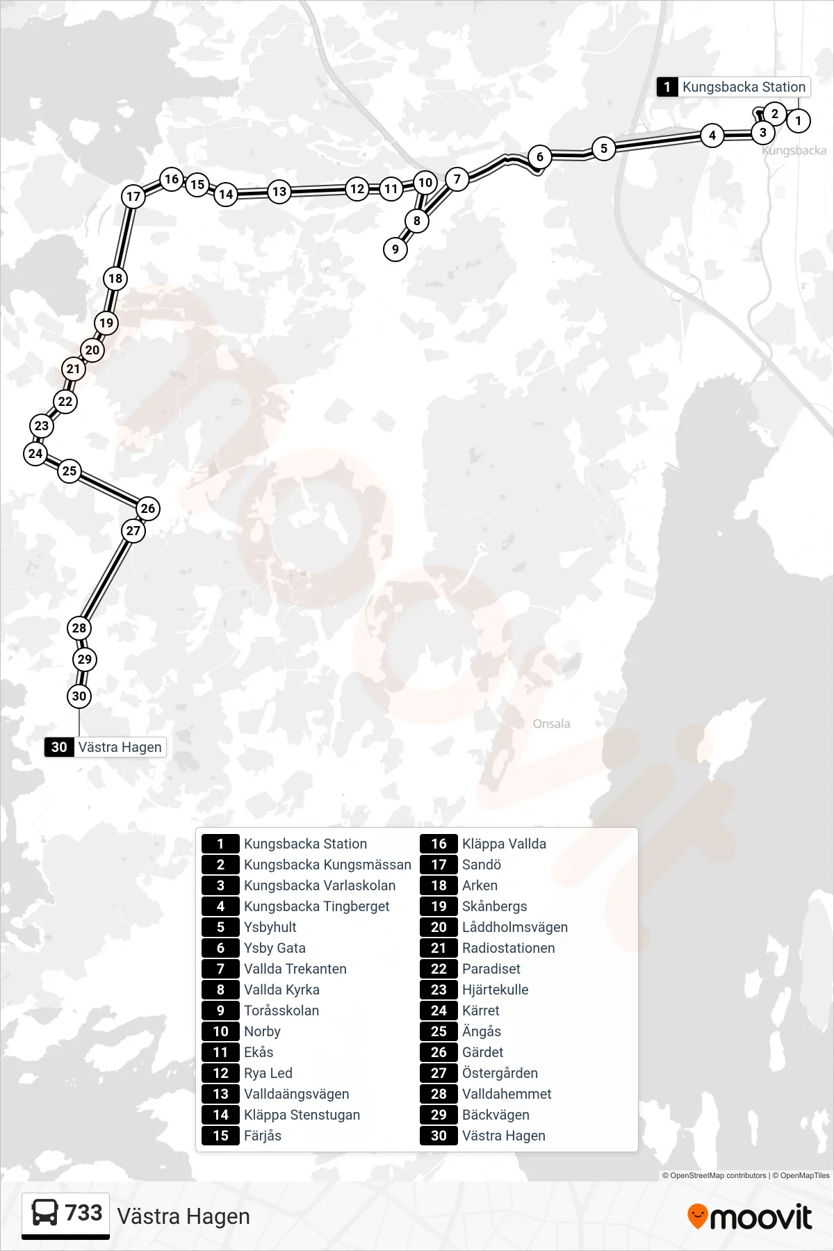 Rutt och hållplatser på karta för linje 733 spårvagn, (Västra Hagen)