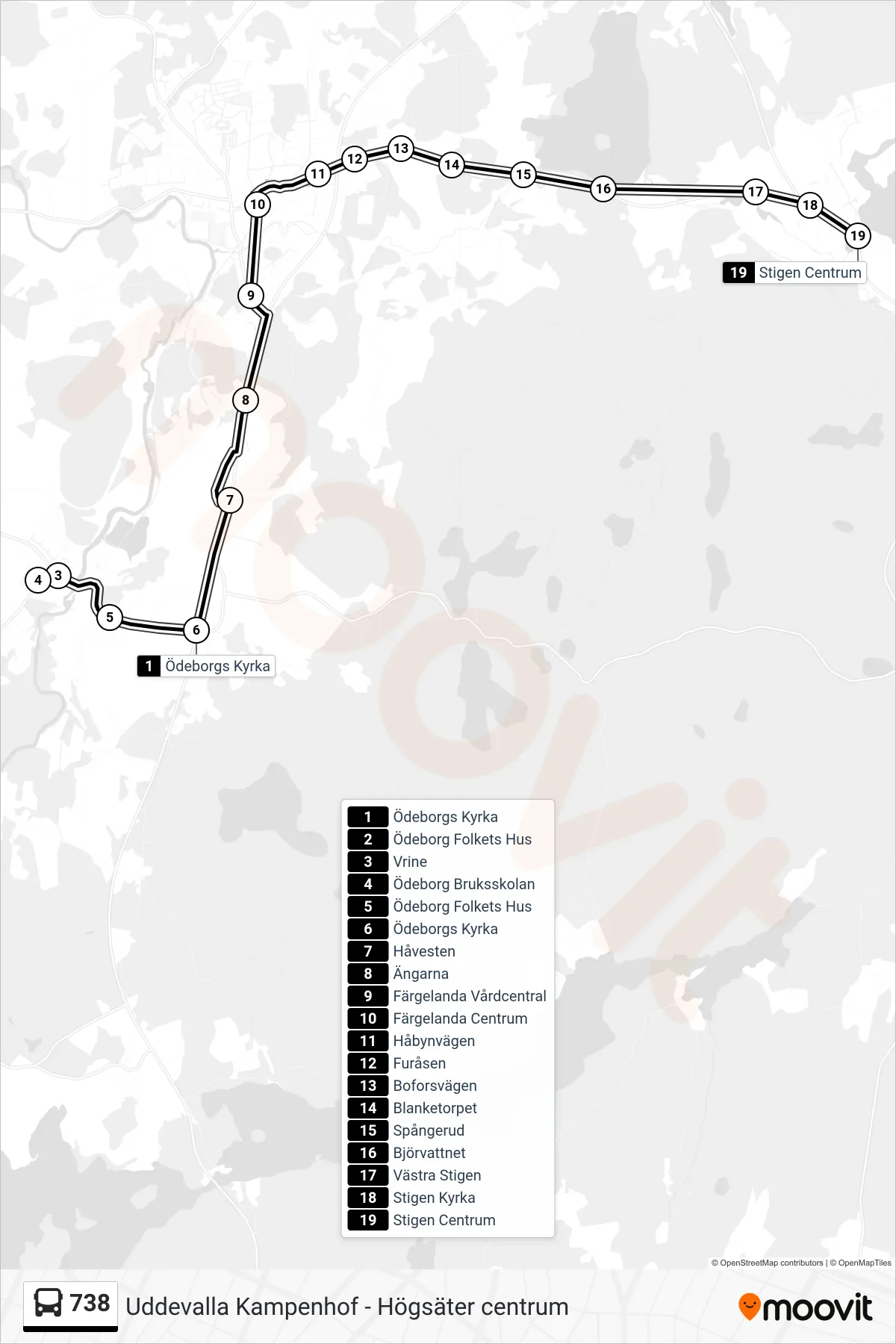 Rutt och hållplatser på karta för linje 738 spårvagn, (Stigen Centrum)