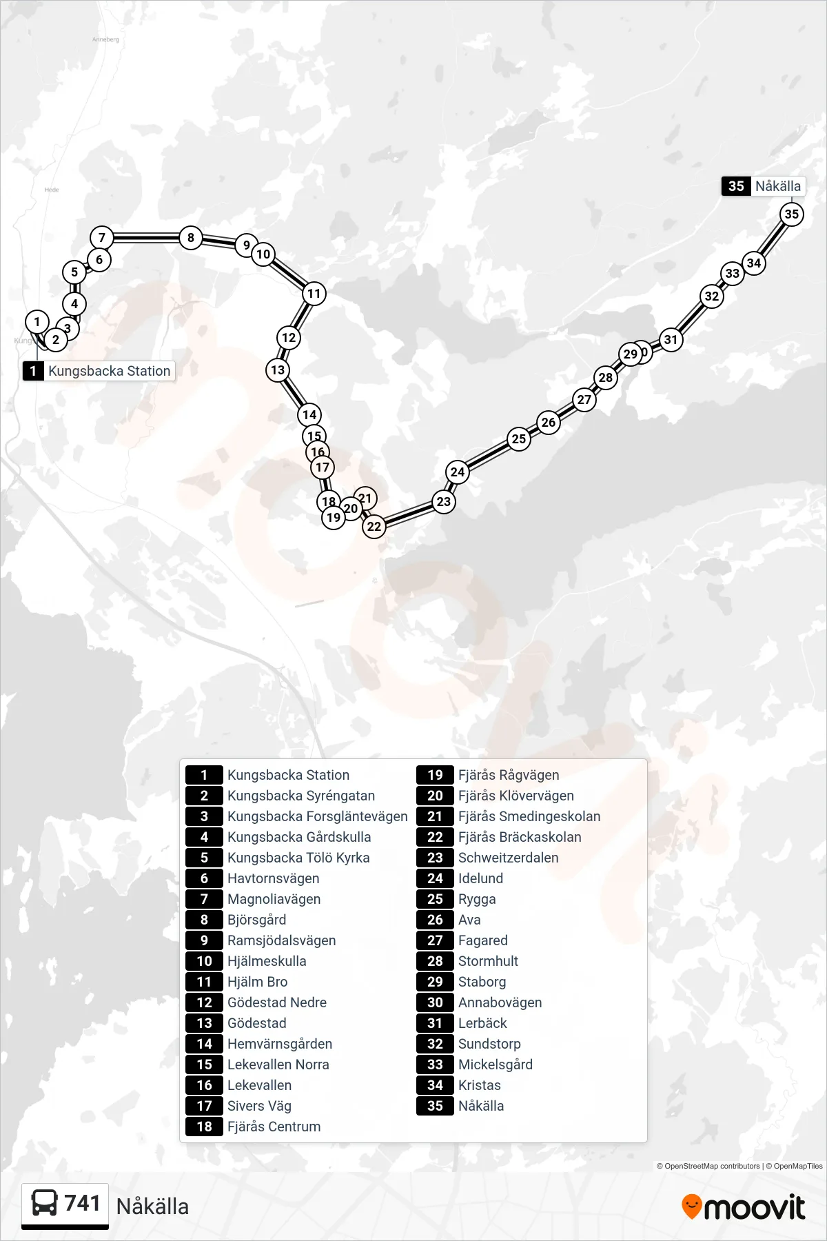 Rutt och hållplatser på karta för linje 741 spårvagn, (Nåkälla)