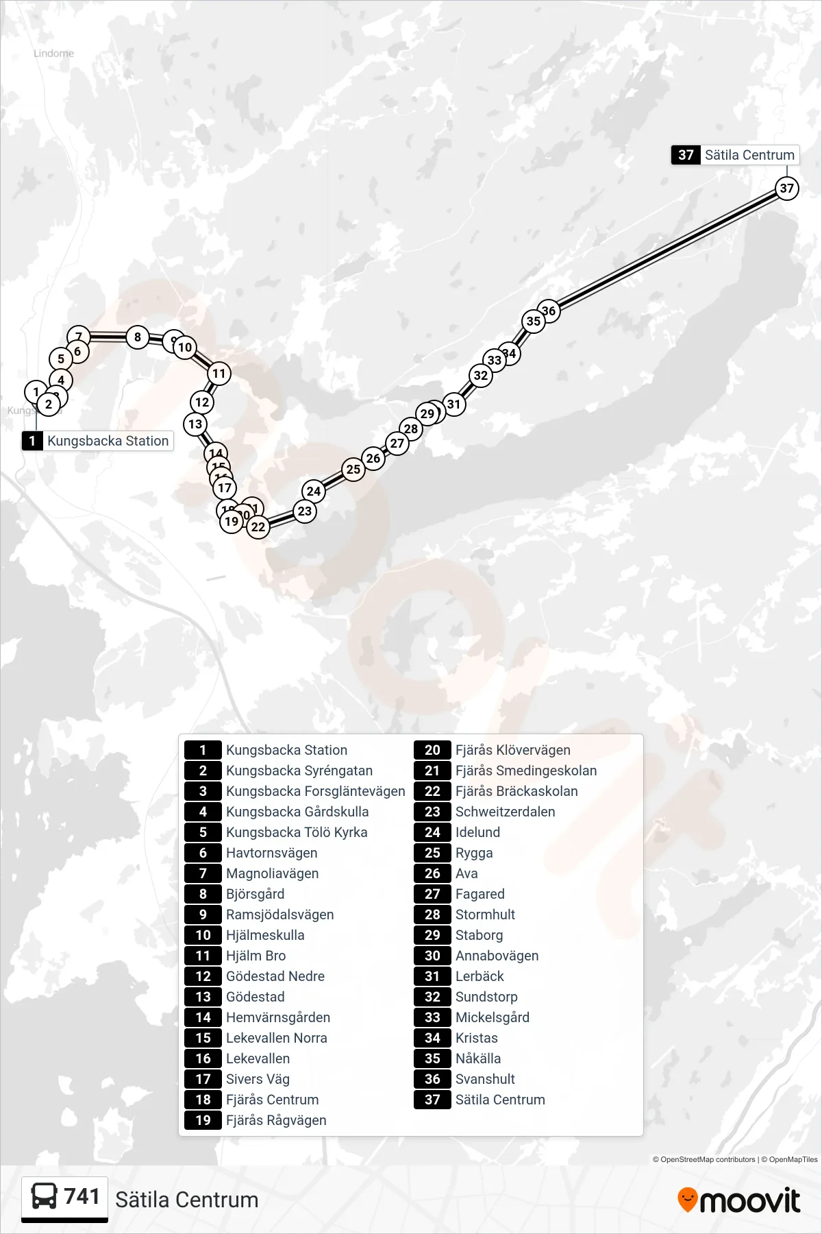 Rutt och hållplatser på karta för linje 741 spårvagn, (Sätila Centrum)