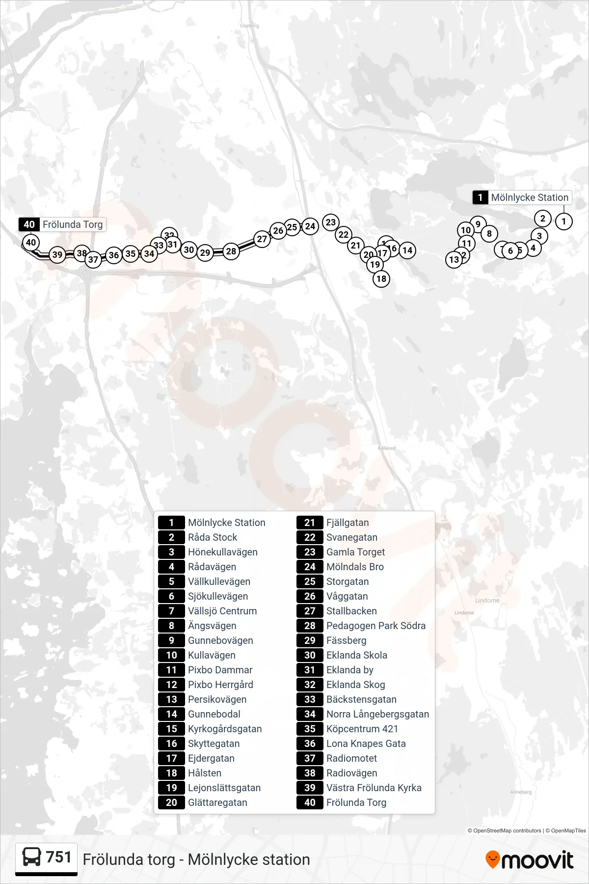 Rutt och hållplatser på karta för linje 751  spårvagn, (Frölunda Torg)