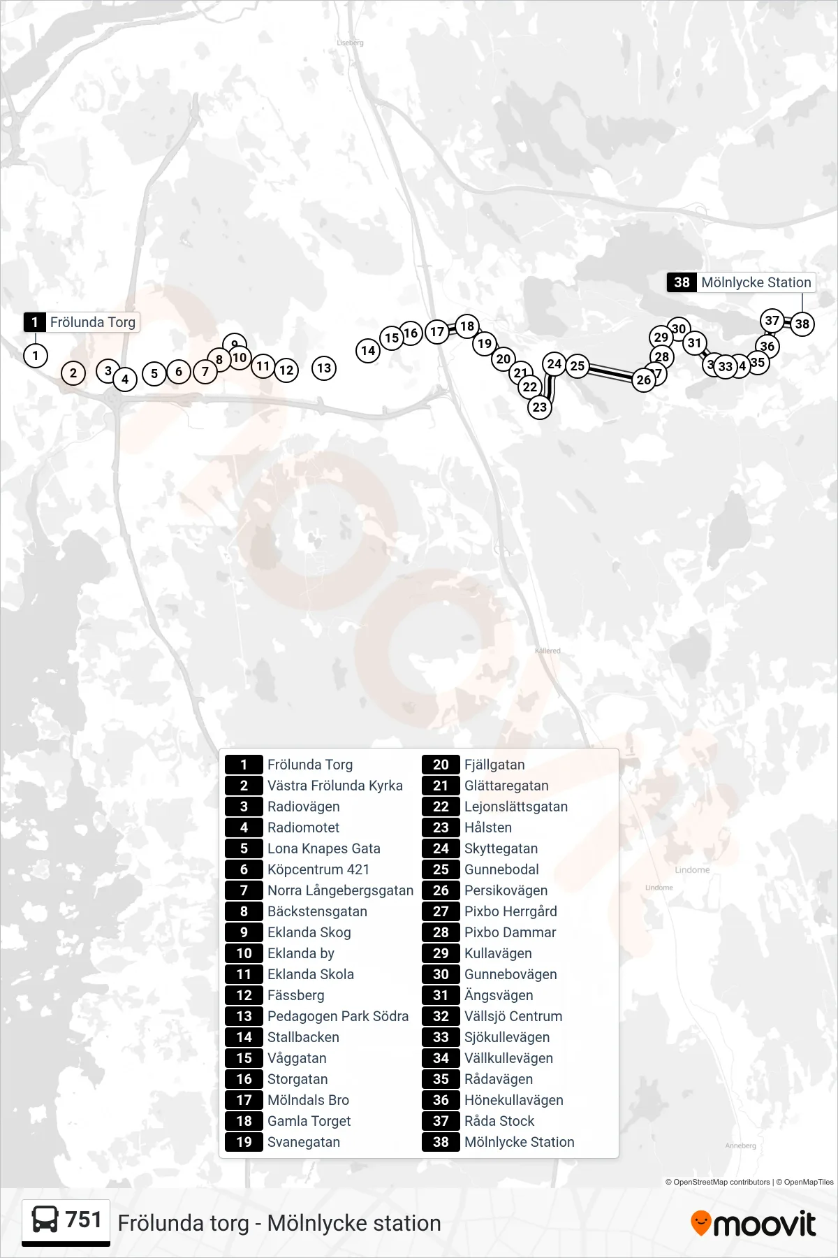 Rutt och hållplatser på karta för linje 751 spårvagn, (Mölnlycke Station)