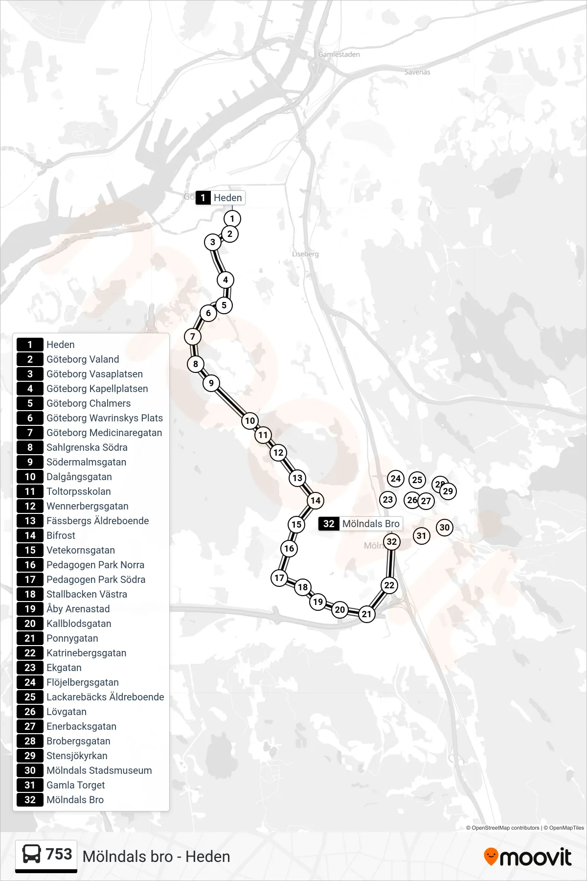 Rutt och hållplatser på karta för linje 753 spårvagn, (Mölndals Bro)