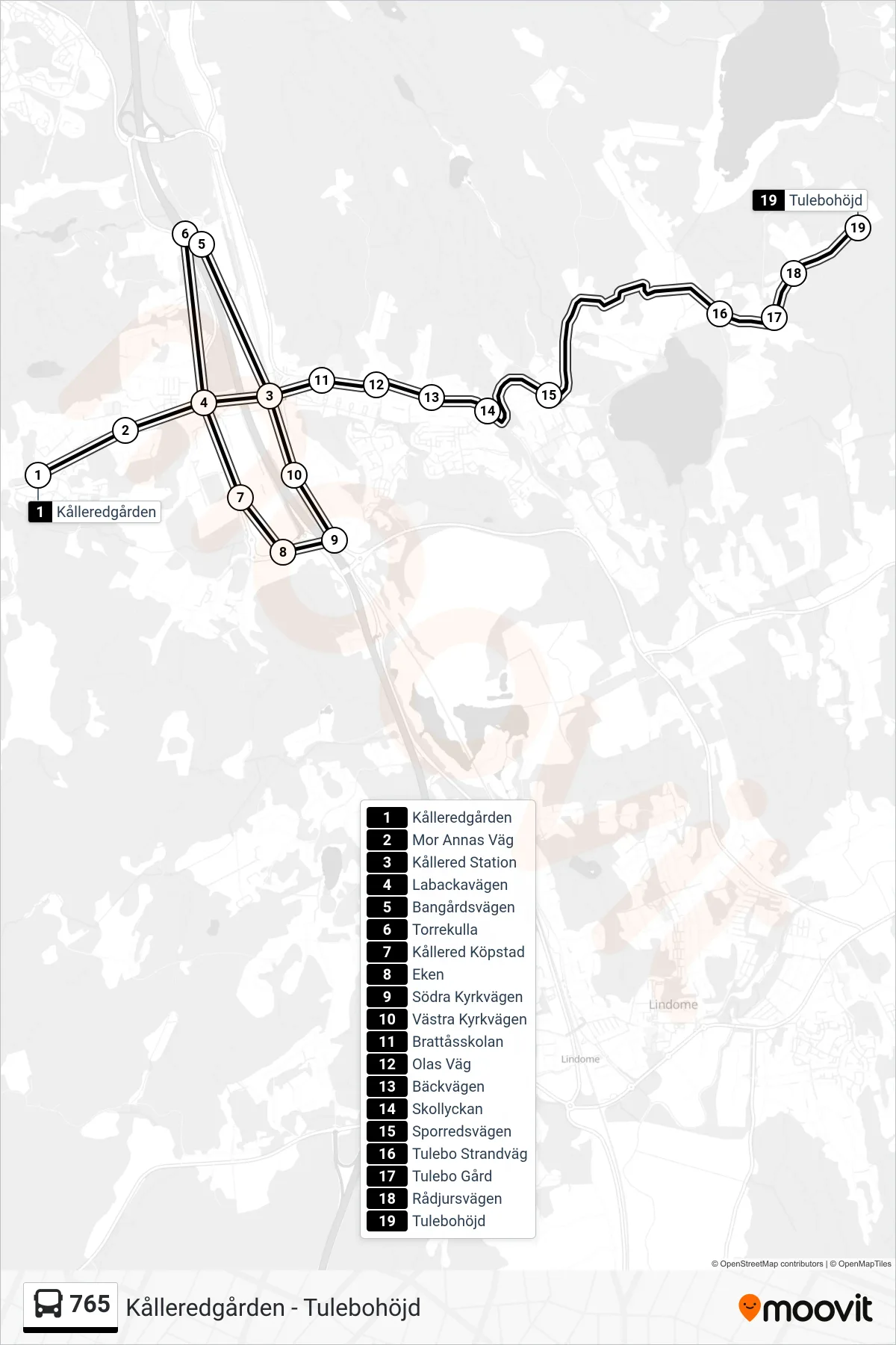Rutt och hållplatser på karta för linje 765 spårvagn, (Tulebohöjd)