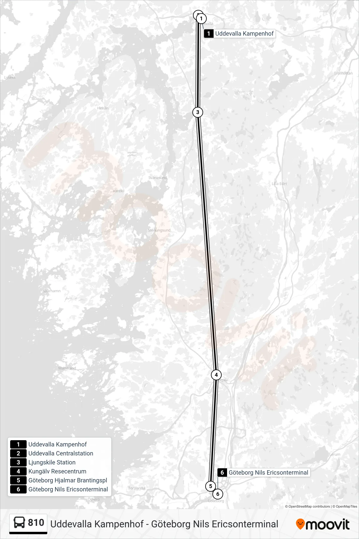 Rutt och hållplatser på karta för linje 810  spårvagn, (Göteborg Nils Ericsonterminal)