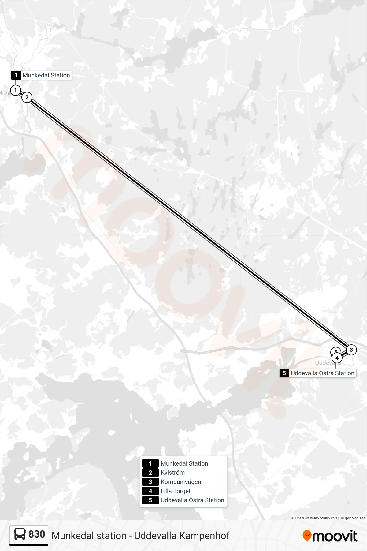 Rutt och hållplatser på karta för linje 830  spårvagn, (Uddevalla Östra Station)