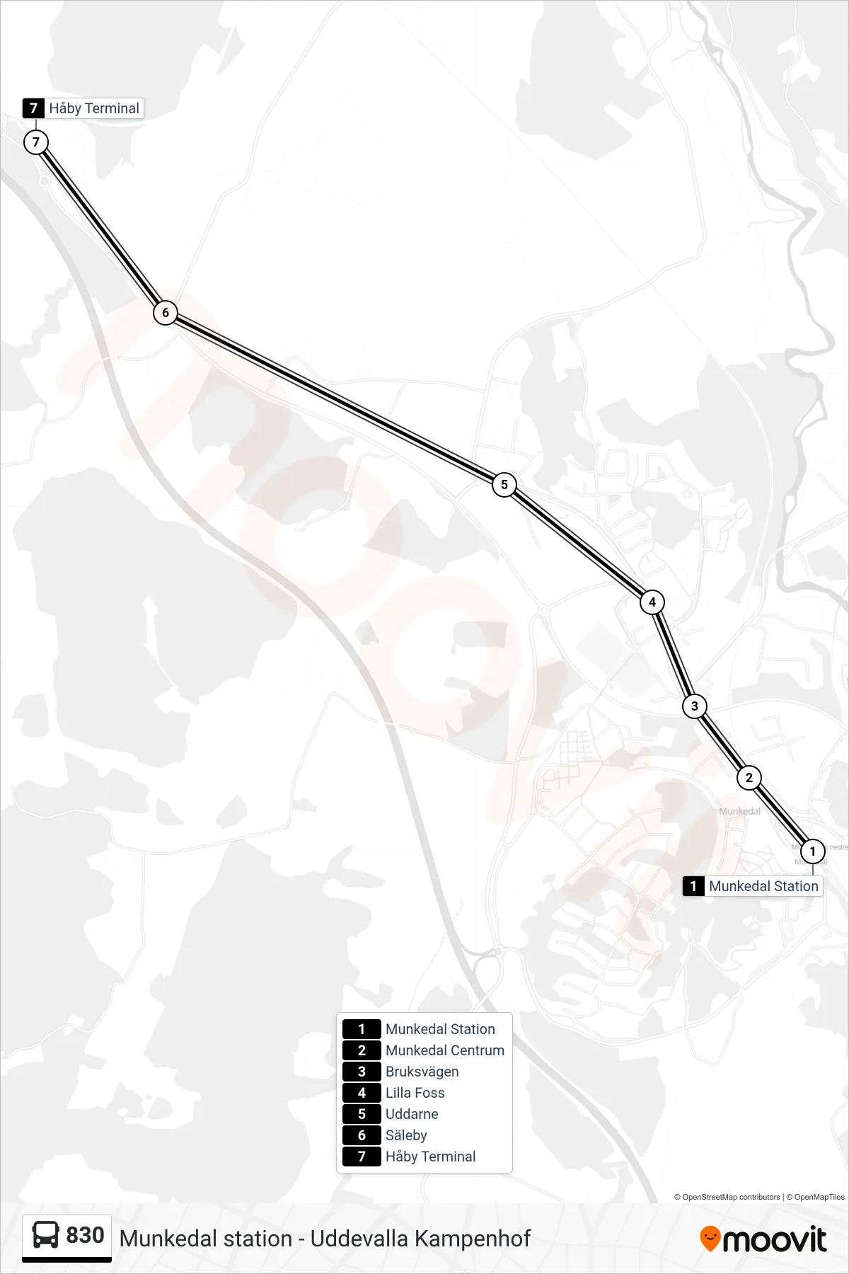 Rutt och hållplatser på karta för linje 830 spårvagn, (Håby Terminal)