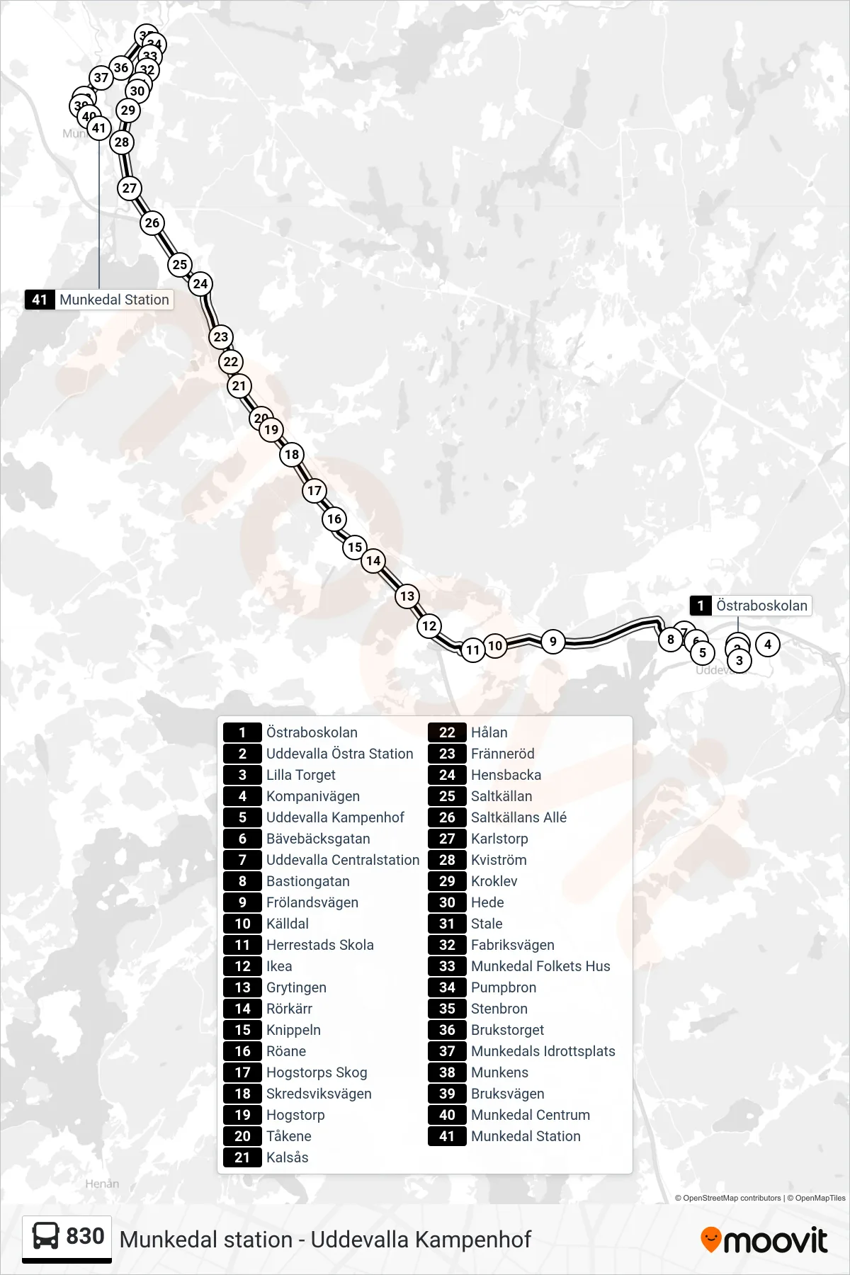 Rutt och hållplatser på karta för linje 830  spårvagn, (Munkedal Station)