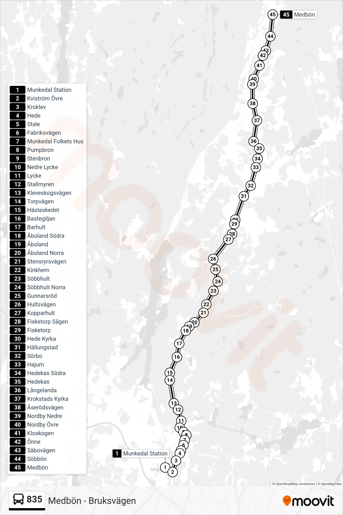 Rutt och hållplatser på karta för linje 835  spårvagn, (Medbön)