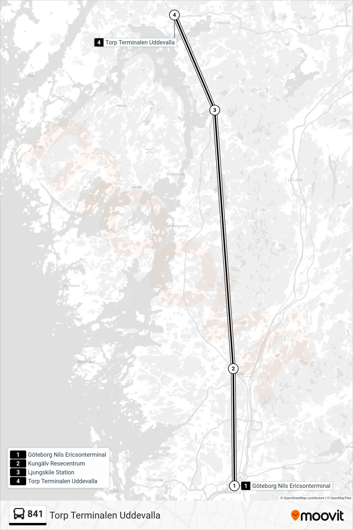 Rutt och hållplatser på karta för linje 841  spårvagn, (Torp Terminalen Uddevalla)