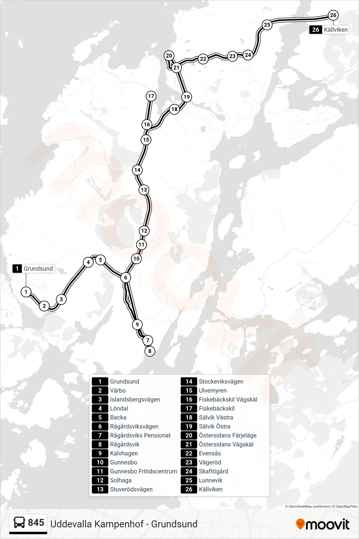 Rutt och hållplatser på karta för linje 845 spårvagn, (Källviken)