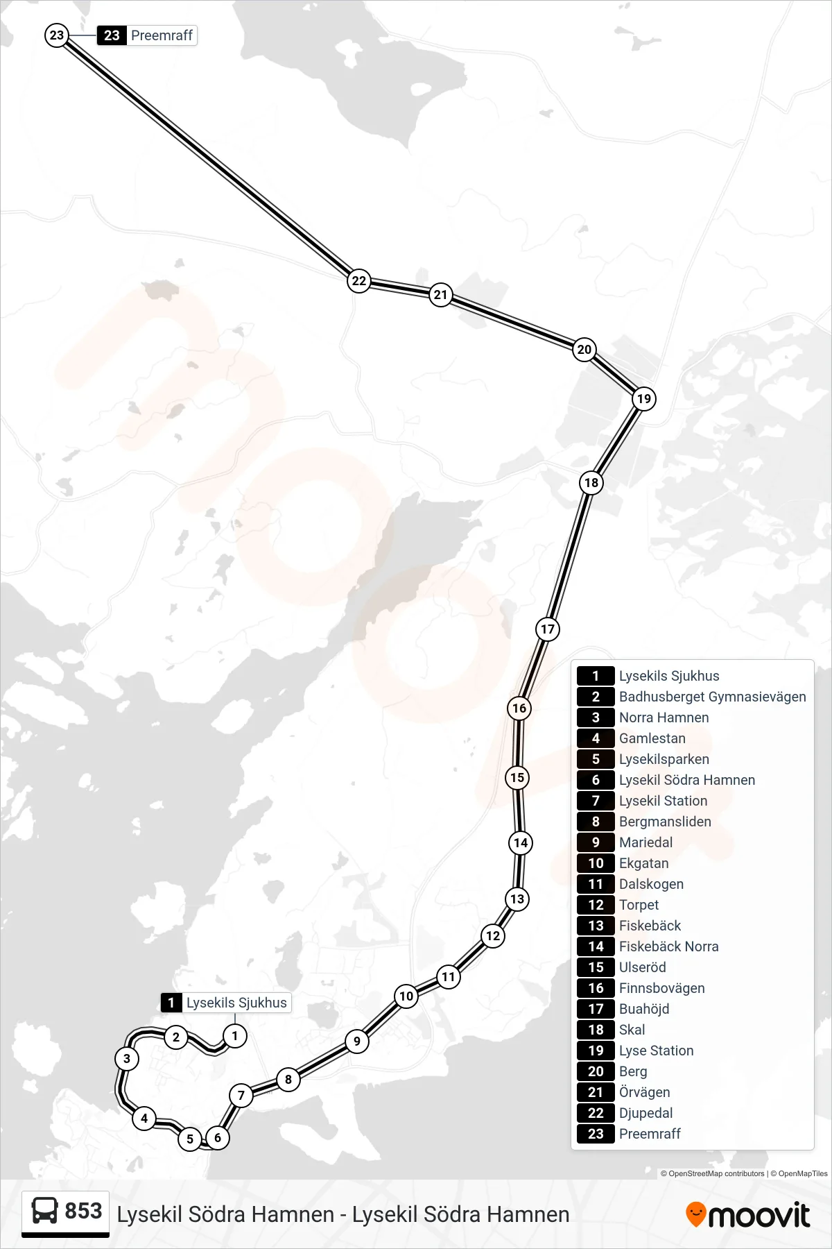 Rutt och hållplatser på karta för linje 853 spårvagn, (Preemraff)