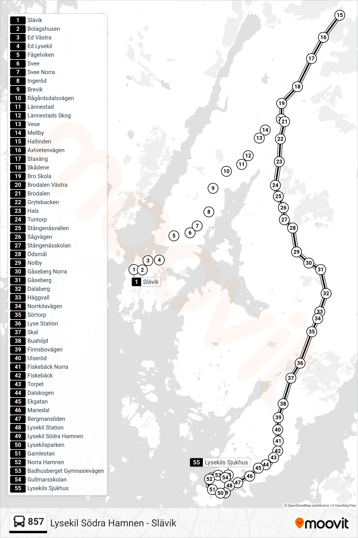 Rutt och hållplatser på karta för linje 857 spårvagn, (Lysekils Sjukhus)