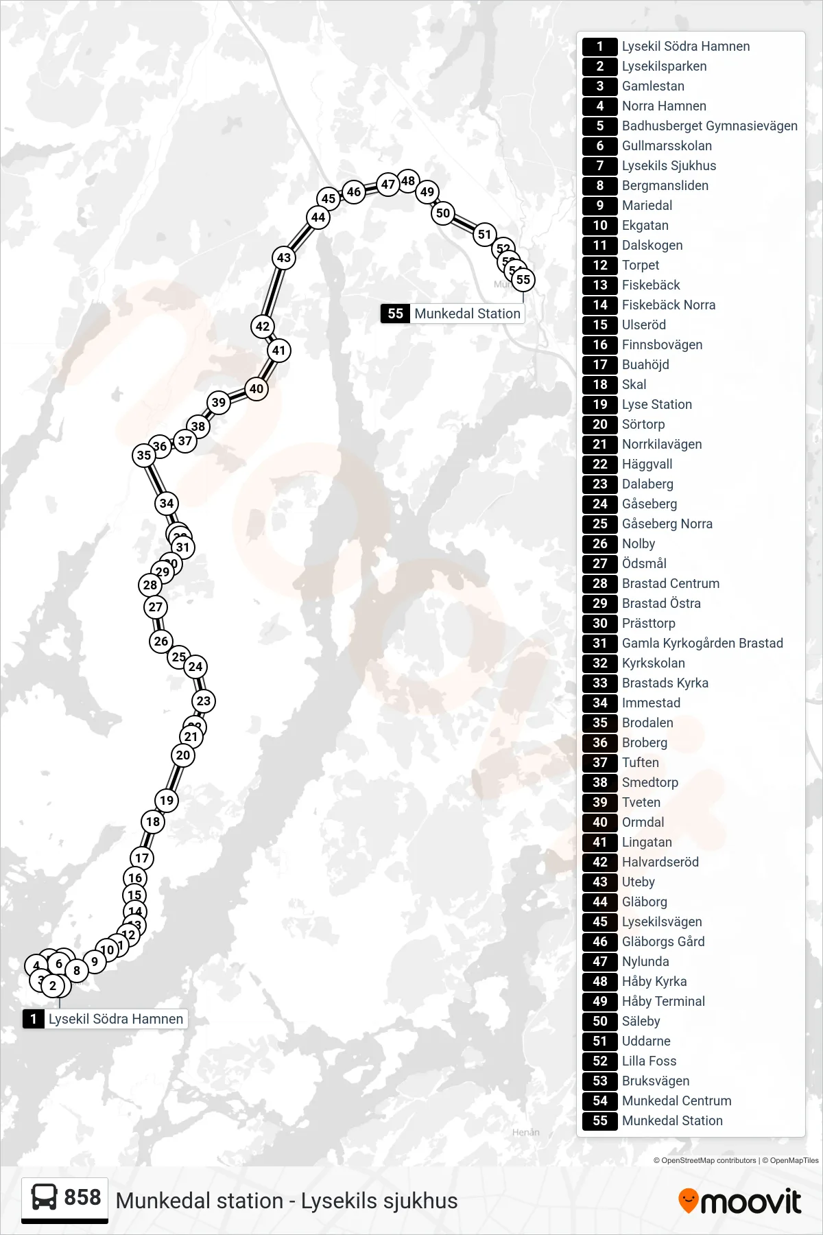 Rutt och hållplatser på karta för linje 858 spårvagn, (Munkedal Station)