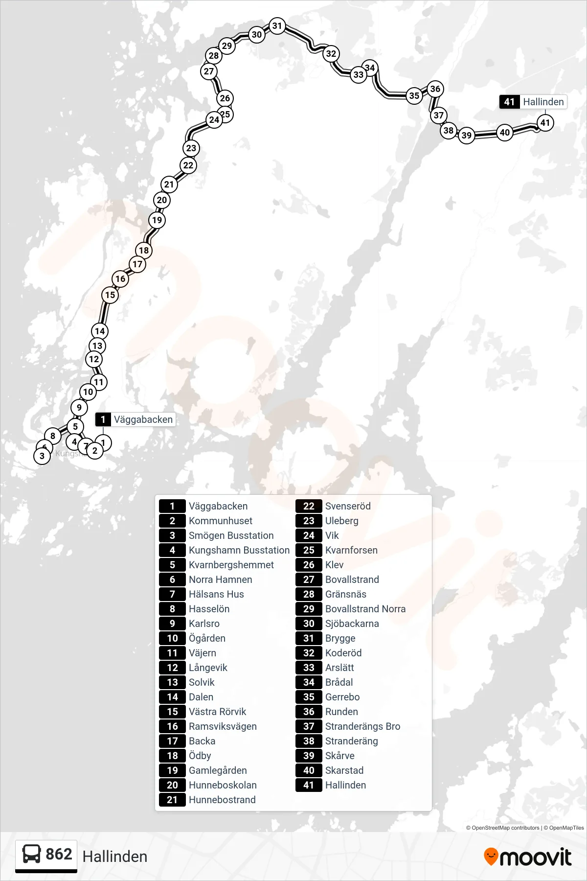 Rutt och hållplatser på karta för linje 862 spårvagn, (Hallinden)