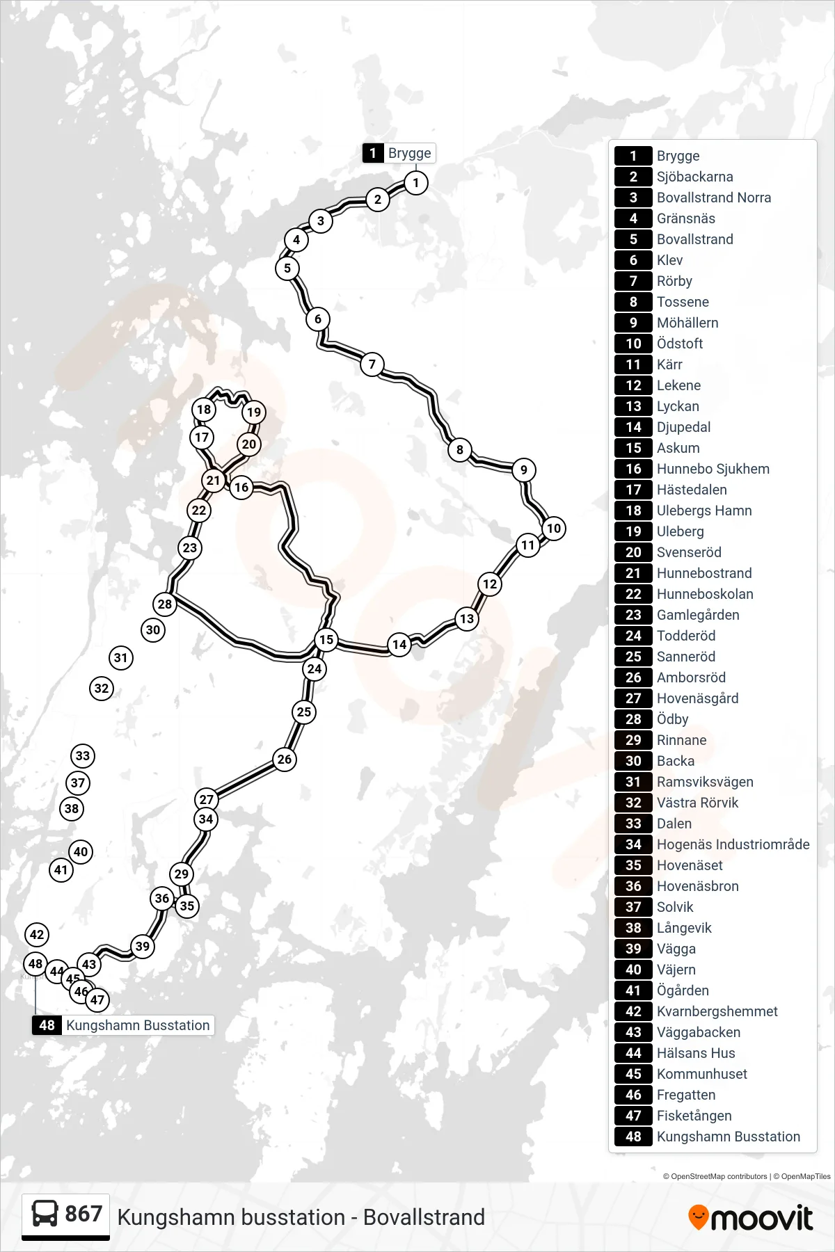 Rutt och hållplatser på karta för linje 867 spårvagn, (Kungshamn Busstation)