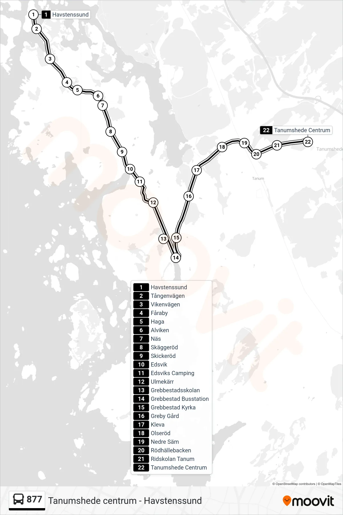 Rutt och hållplatser på karta för linje 877  spårvagn, (Tanumshede Centrum)