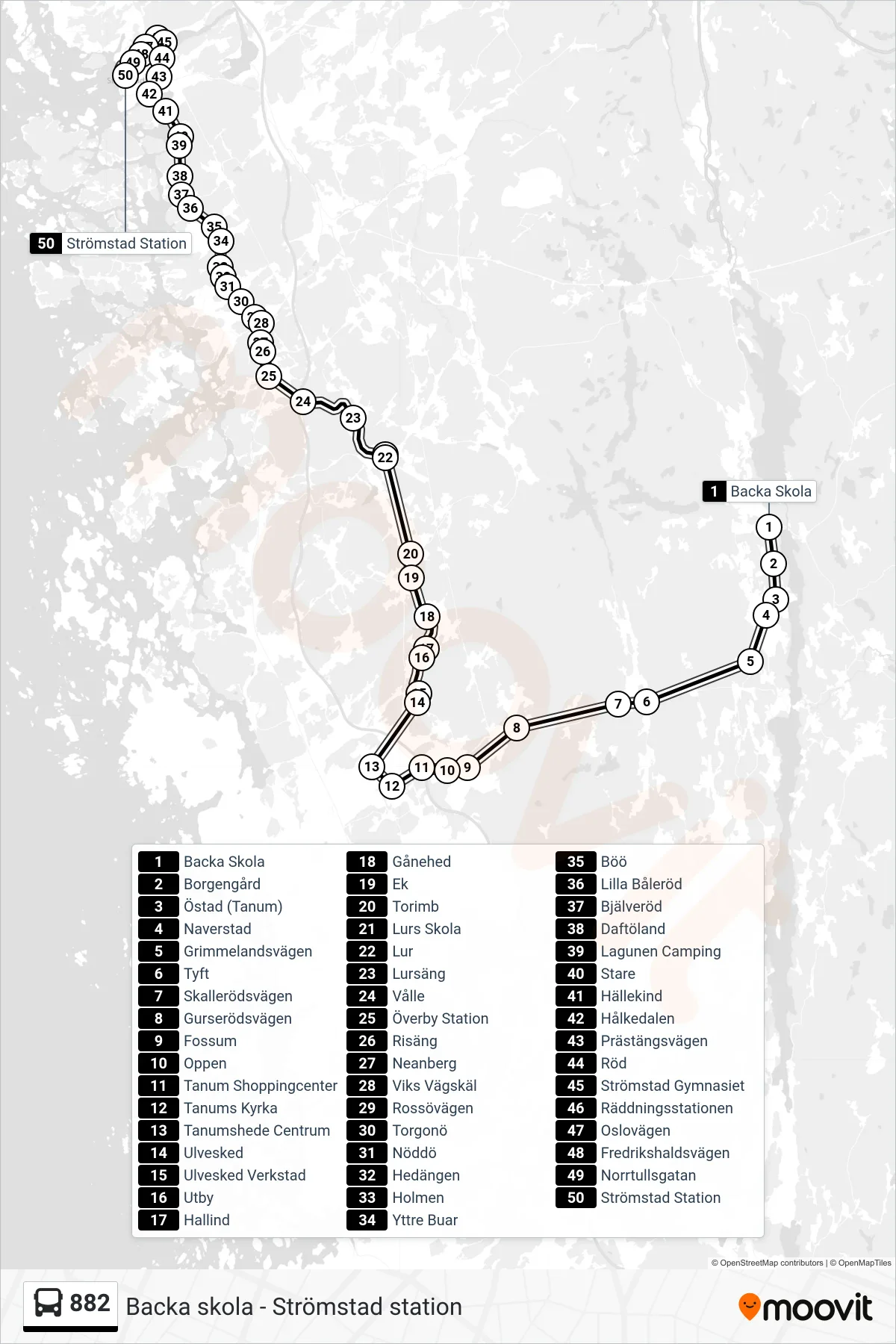 Rutt och hållplatser på karta för linje 882 spårvagn, (Strömstad Station)