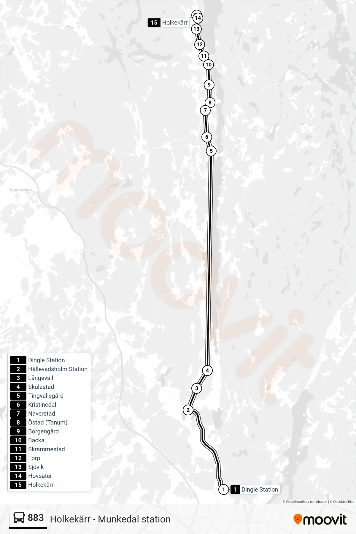 Rutt och hållplatser på karta för linje 883  spårvagn, (Holkekärr)