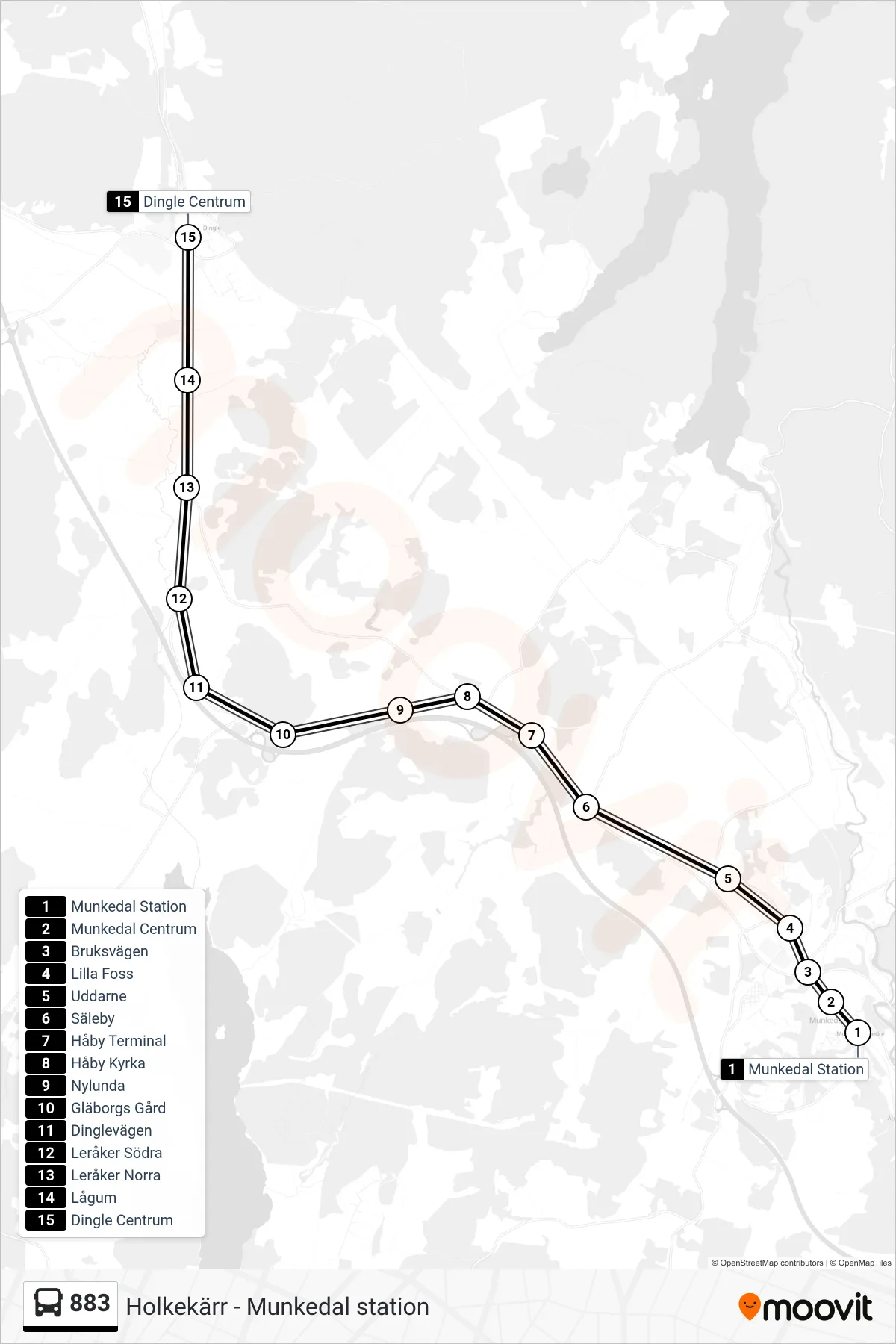 Rutt och hållplatser på karta för linje 883 spårvagn, (Dingle Centrum)