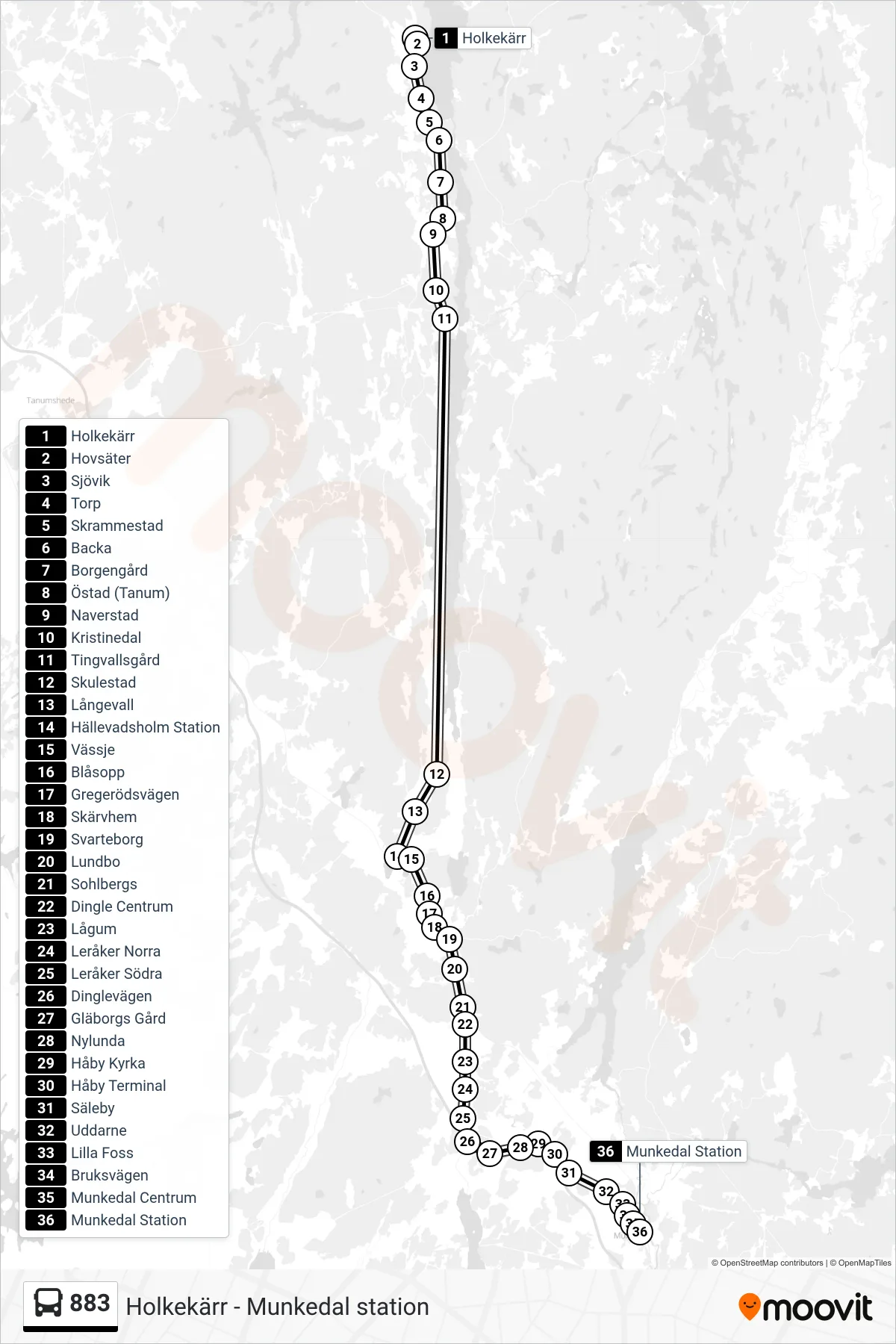 Rutt och hållplatser på karta för linje 883  spårvagn, (Munkedal Station)