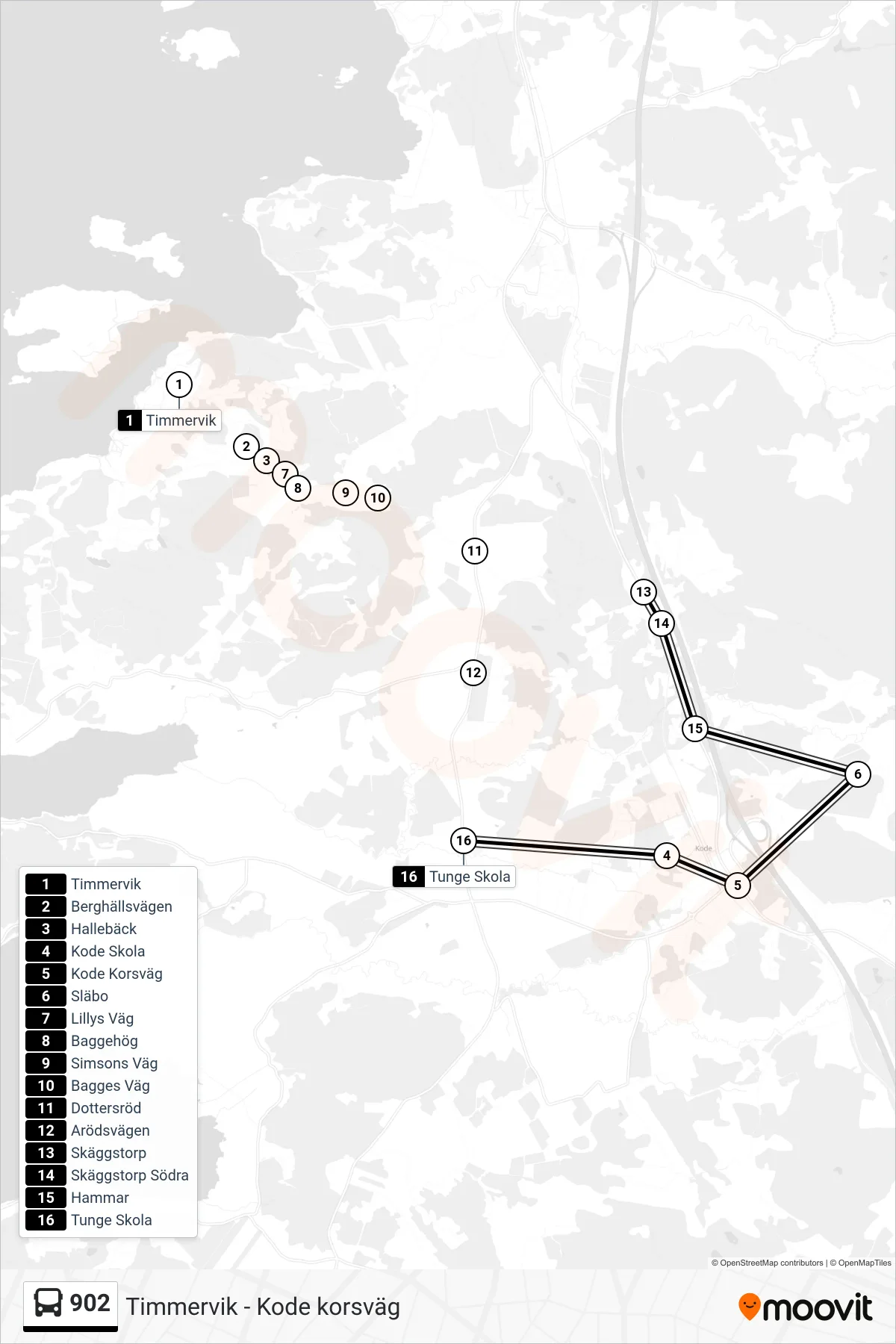 Rutt och hållplatser på karta för linje 902 spårvagn, (Tunge Skola)
