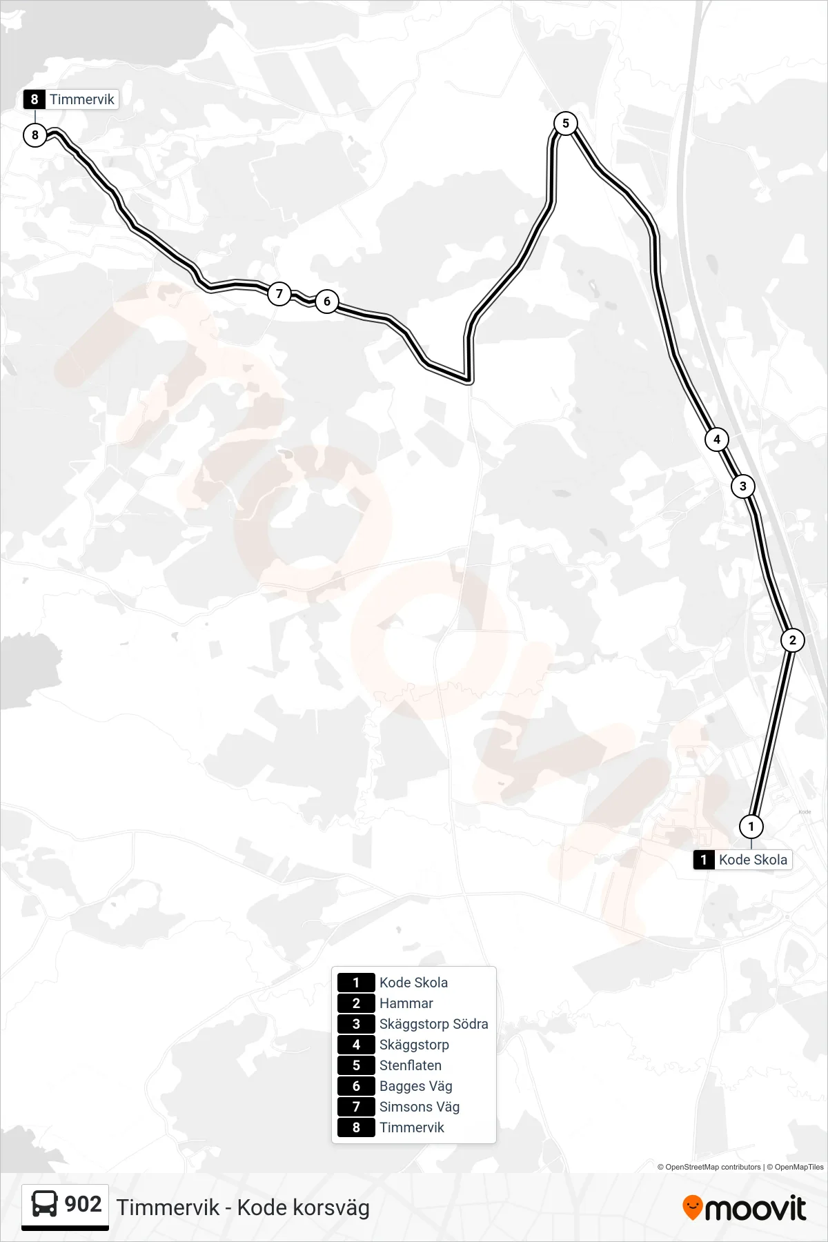 Rutt och hållplatser på karta för linje 902  spårvagn, (Timmervik)