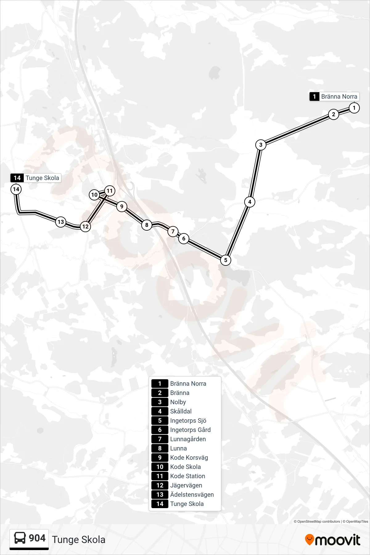 Rutt och hållplatser på karta för linje 904  spårvagn, (Tunge Skola)