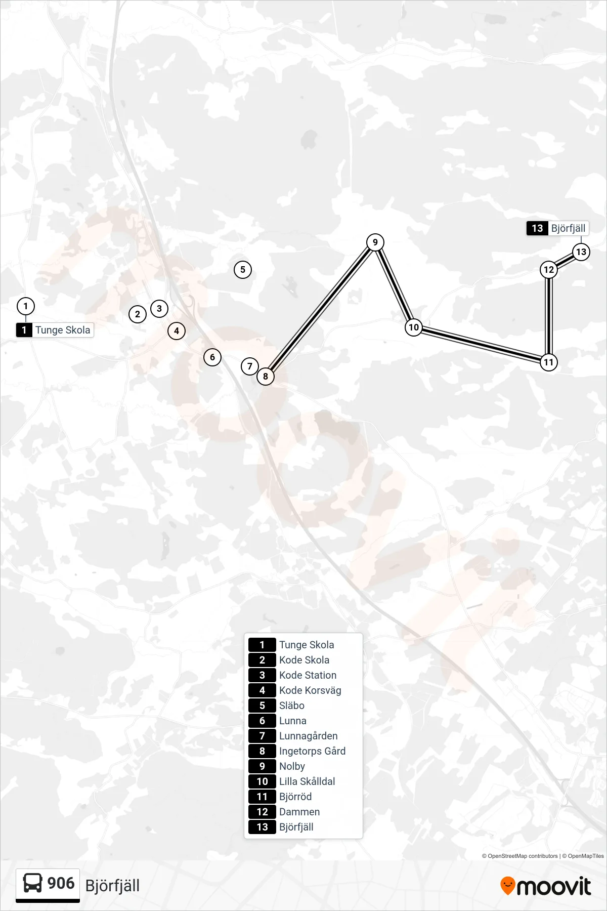 Rutt och hållplatser på karta för linje 906  spårvagn, (Björfjäll)