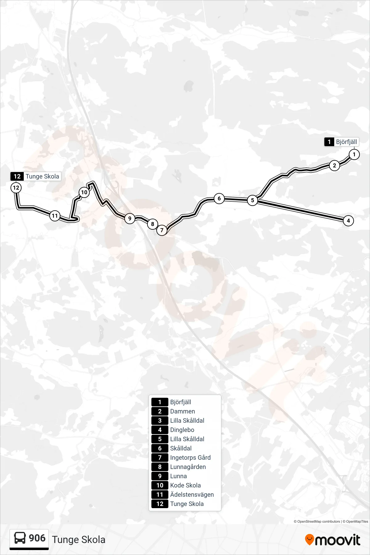 Rutt och hållplatser på karta för linje 906 spårvagn, (Tunge Skola)