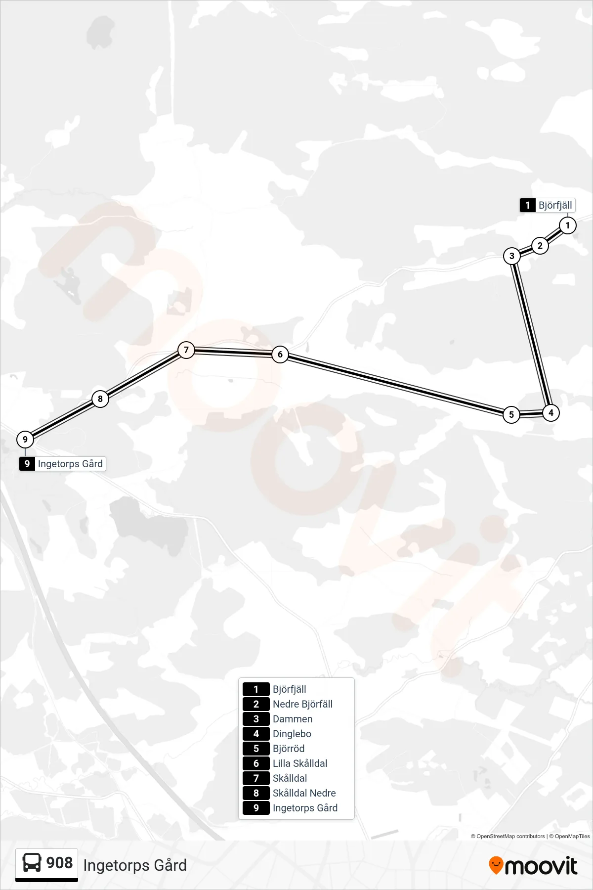 Rutt och hållplatser på karta för linje 908  spårvagn, (Ingetorps Gård)