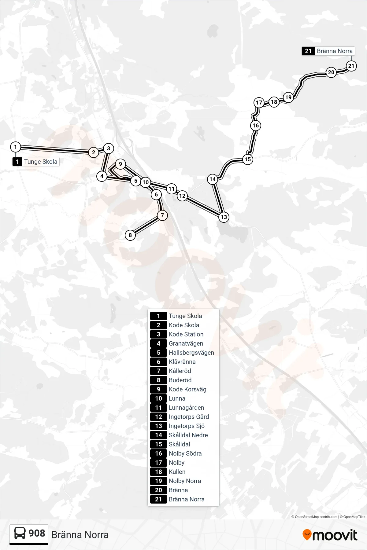 Rutt och hållplatser på karta för linje 908 spårvagn, (Bränna Norra)