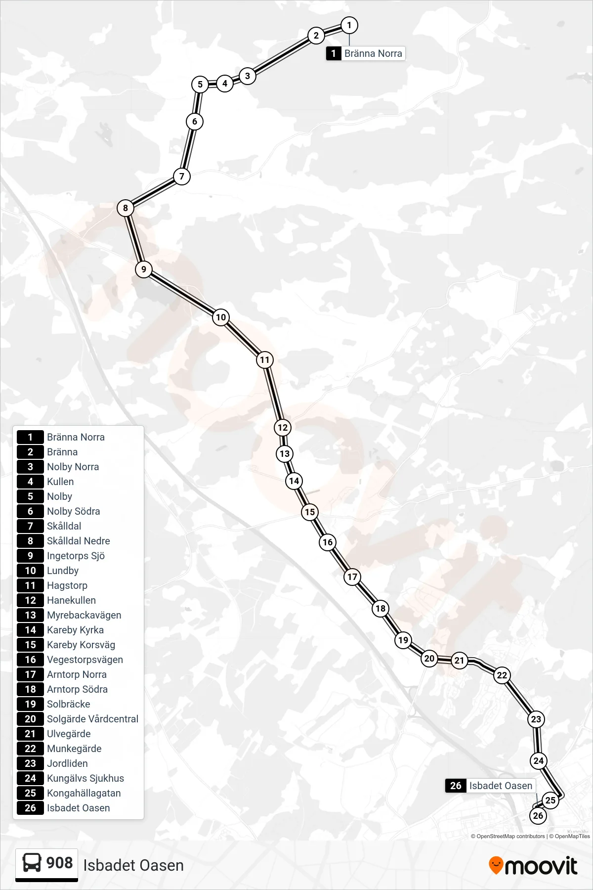 Rutt och hållplatser på karta för linje 908  spårvagn, (Isbadet Oasen)